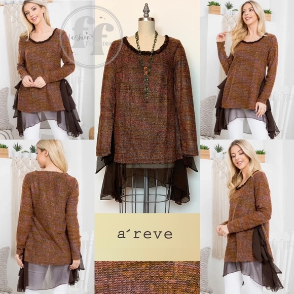 A'reve Autumn Knit Chiffon Hem Sweater Tunic Top - Picture 1 of 5